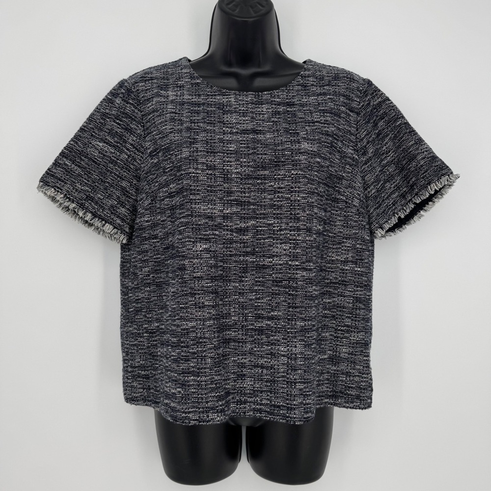 J.Crew Factory Navy Blue White Tweed Short Sleeve Fringe Trim Blouse Top Sz Med
